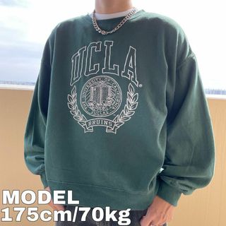 カレッジ スウェット UCLA グリーン緑 XL USA古着 ビッグ刺繍ロゴ(スウェット)