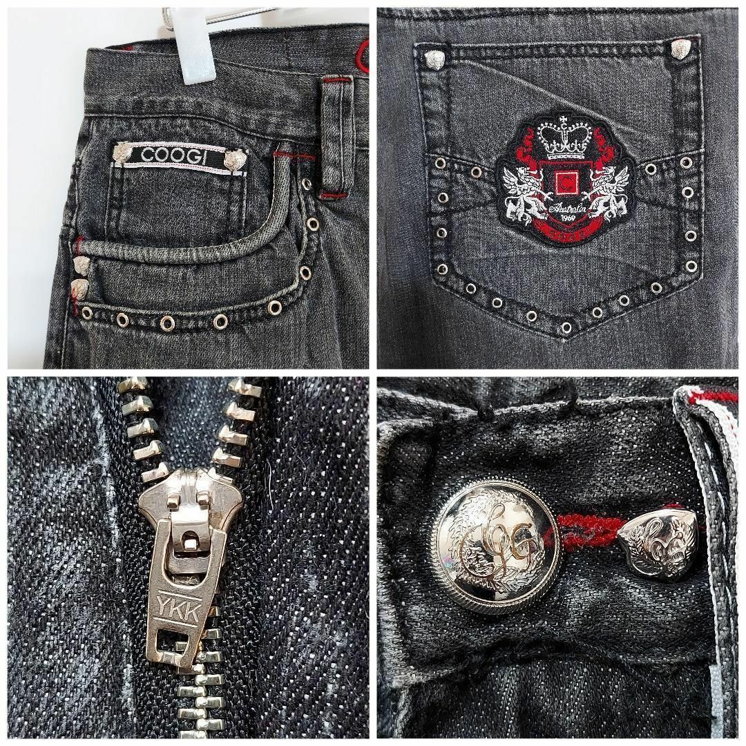 COOGI(クージー)のW34 COOGI クージー ブラックデニム バギーボトム ポケット刺繍 黒 メンズのパンツ(デニム/ジーンズ)の商品写真