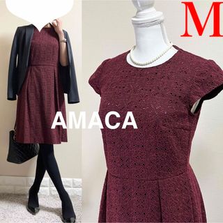 アマカ(AMACA)の訳あり極美品！アマカ　AMACA 三陽商会　刺繍　エンブロイダリー　M ボルドー(ひざ丈ワンピース)