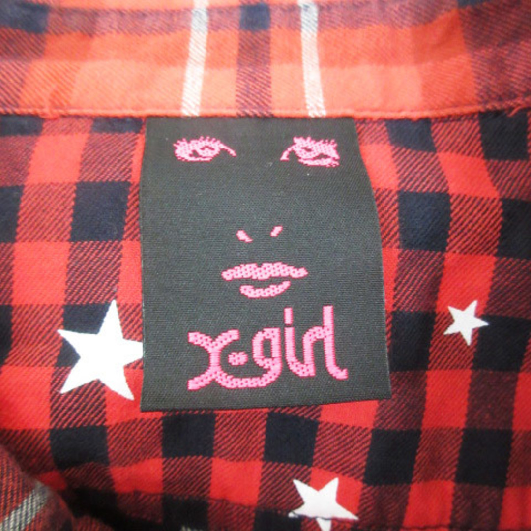 X-girl(エックスガール)のエックスガール ネルシャツ カジュアルシャツ 長袖 チェック柄 星柄 2 白 赤 レディースのトップス(シャツ/ブラウス(長袖/七分))の商品写真