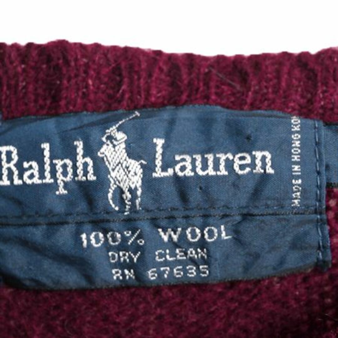 Ralph Lauren(ラルフローレン)の90s ラルフローレン ウール ニット セーター メンズ L 古着 90年代 オールド ポロ クルーネック ミドルゲージ ワンポイント バーガンディ  メンズのトップス(ニット/セーター)の商品写真