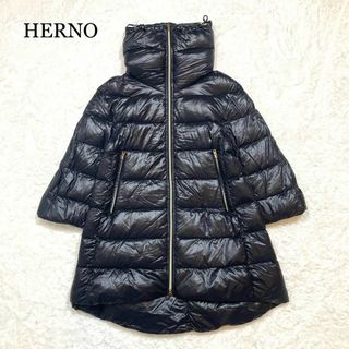 美品♪ヘルノ HERNO スタンドカラー 金ボタン ダウンコート ネイビー40-