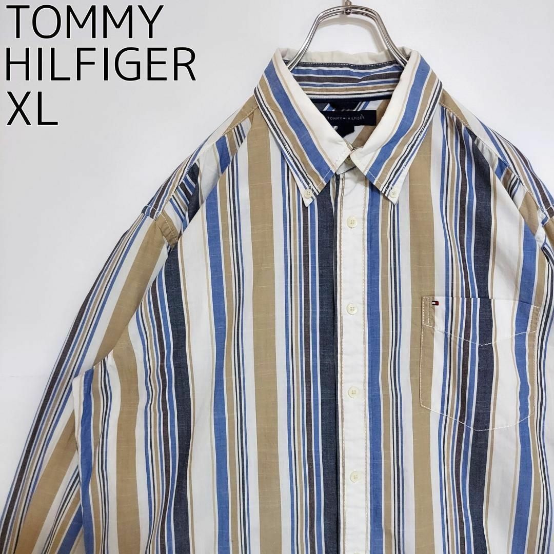 TOMMY HILFIGER(トミーヒルフィガー)のトミーヒルフィガー ポケット ストライプシャツ XL ホワイト ブルー ベージュ メンズのトップス(シャツ)の商品写真