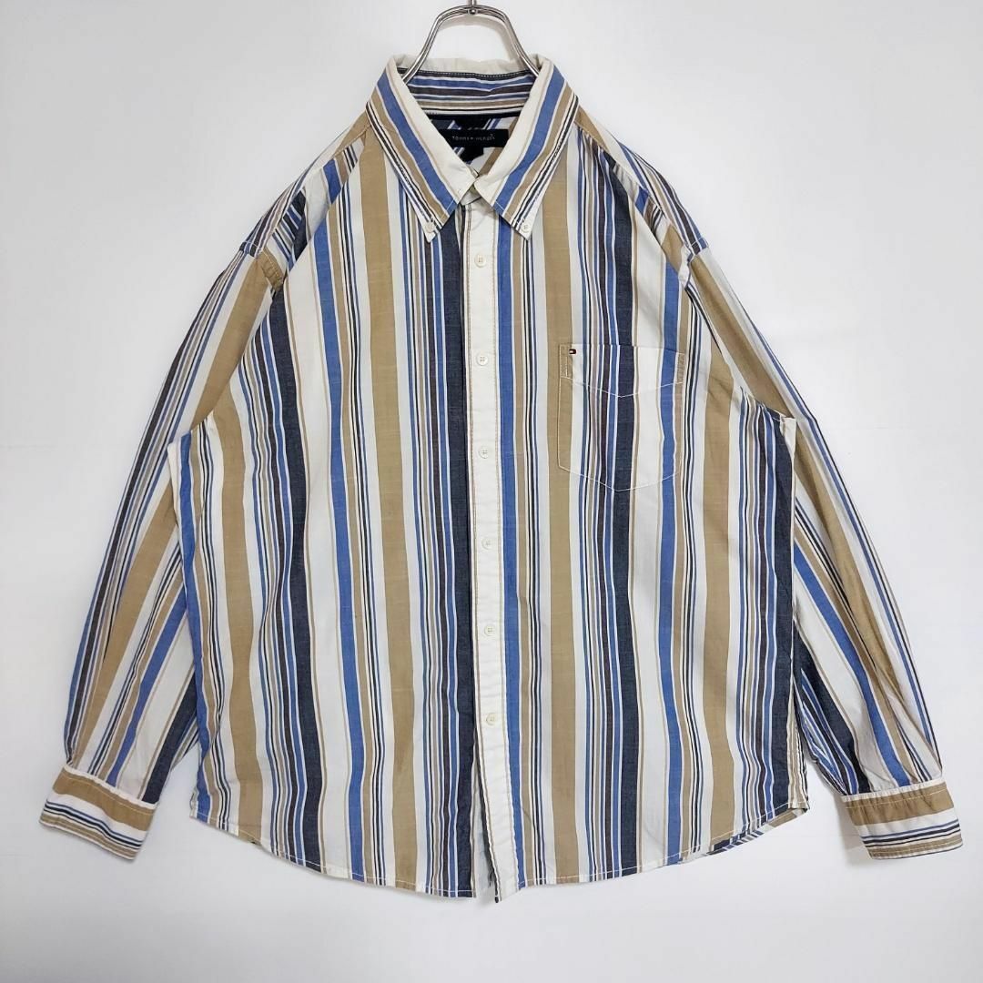 TOMMY HILFIGER(トミーヒルフィガー)のトミーヒルフィガー ポケット ストライプシャツ XL ホワイト ブルー ベージュ メンズのトップス(シャツ)の商品写真
