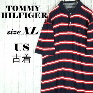 トミーヒルフィガー(TOMMY HILFIGER)の【US古着◎送料無料】トミーヒルフィガー 刺しゅうロゴ ボーダーポロシャツ XL(ポロシャツ)