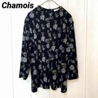 st564 Chamois 伸縮性カットソー 花柄 黒 上品 オシャレ(カットソー(長袖/七分))