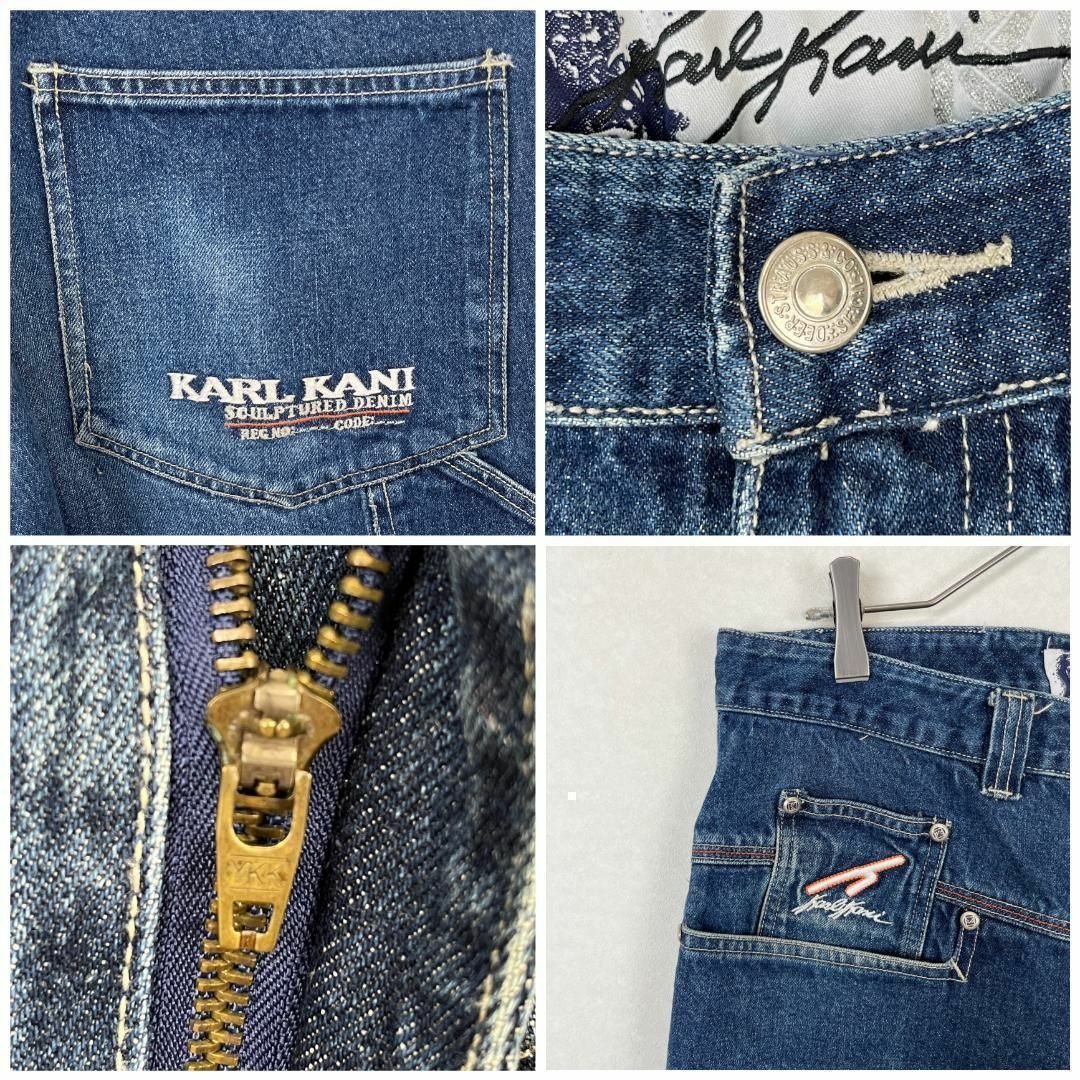 Karl Kani(カールカナイ)のW34 カールカナイ ポケットロゴ刺繍ワイドバギー デニムボトム ブルー 青 メンズのパンツ(デニム/ジーンズ)の商品写真