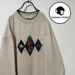 90's 刺繍スウェット ベージュ ゴルフ レトロ古着 スリランカ製 裏起毛(スウェット)