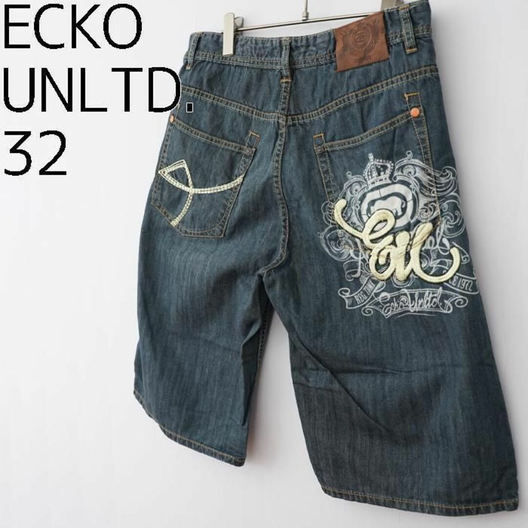 ECKŌ UNLTD（ECKO UNLTD）(エコーアンリミテッド)のW32 エコーアンリミテッド ポケットロゴ刺繍 バギーショートパンツ デニム 青 メンズのパンツ(デニム/ジーンズ)の商品写真