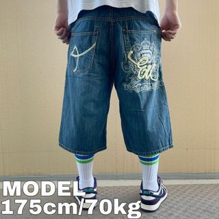 エコーアンリミテッド(ECKŌ UNLTD（ECKO UNLTD）)のW32 エコーアンリミテッド ポケットロゴ刺繍 バギーショートパンツ デニム 青(デニム/ジーンズ)