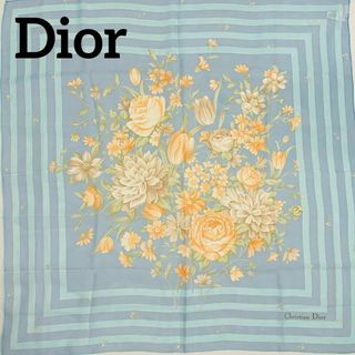 クリスチャンディオール(Christian Dior)の美品 ★Dior★ スカーフ シフォン 花 ボーダー シルク スカイブルー(バンダナ/スカーフ)