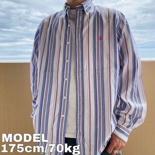 ラルフローレン(Ralph Lauren)の90s ラルフローレン BDストライプシャツ L ホワイト 白 青 ピンク 刺繍(Tシャツ/カットソー(半袖/袖なし))