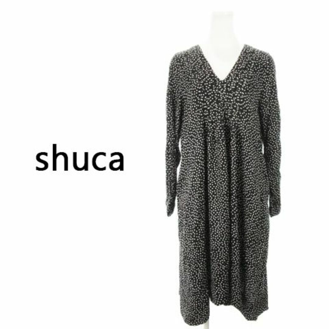 shuca(シュカ)のシュカ ドット柄Vネックワンピース ひざ丈 M 黒 231220MN1R レディースのワンピース(ひざ丈ワンピース)の商品写真