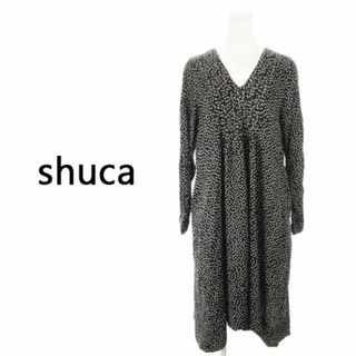 シュカ(shuca)のシュカ ドット柄Vネックワンピース ひざ丈 M 黒 231220MN1R(ひざ丈ワンピース)