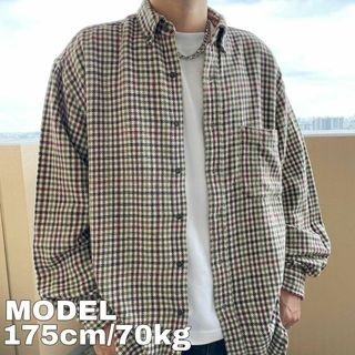 エディーバウアー(Eddie Bauer)のエディーバウアー 90s 00s L チェックシャツ BD 厚手ベージュ緑カーキ(シャツ)