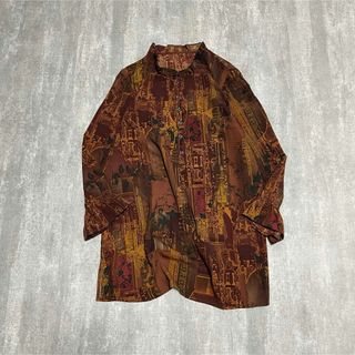 ナチュラルヴィンテージ(natuRAL vintage)のシャツ ブラウス 長袖 ハーフボタン アート ボタニカル アースカラー L(シャツ/ブラウス(長袖/七分))