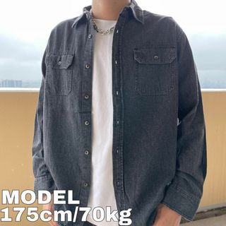 ラングラー(Wrangler)のラングラー デニムシャツ ワークシャツ 黒ブラックデニム Wポケット M 古着(シャツ)