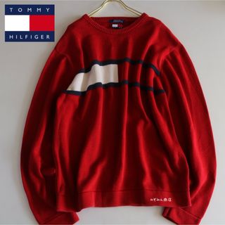 トミーヒルフィガー(TOMMY HILFIGER)の【TOMMY HILFIGER】厚手　ニット　フラグロゴ　赤系　XL相当★(ニット/セーター)