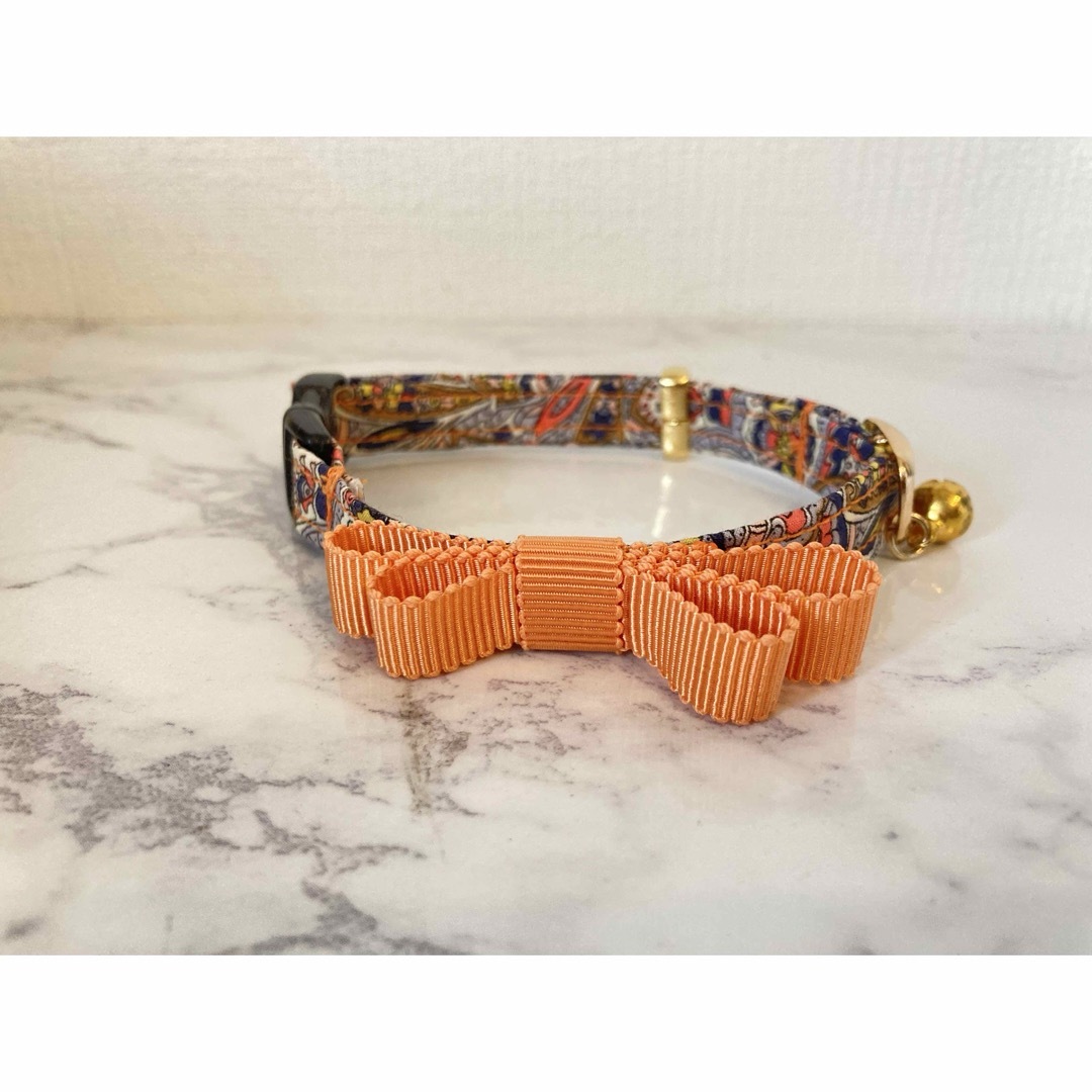 猫　首輪　リバティリボン　オレンジ ハンドメイドのペット(リード/首輪)の商品写真