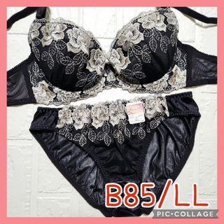 新品未使用 ブラジャーショーツセット B85/LL 74600 黒 薔薇柄(ブラ&ショーツセット)