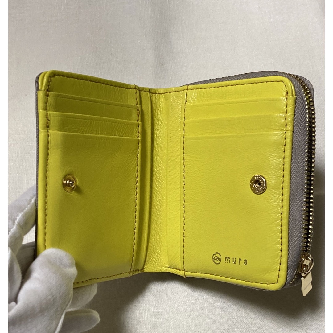 【美品】MURA 二つ折りレザー財布  /  グレー×イエロー レディースのファッション小物(財布)の商品写真