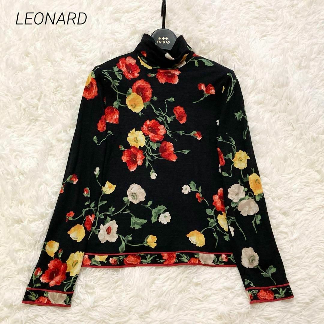 LEONARD(レオナール)の美品♡ LEONARD カットソー　花柄　トリム　シルク混　ブラック　Lサイズ レディースのトップス(カットソー(長袖/七分))の商品写真