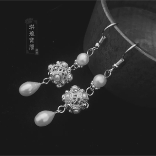 蜻蛉眼真珠墜 白銀色ピアス　縁起物　中華風　結婚式　成人式　着物和服漢服　新中式