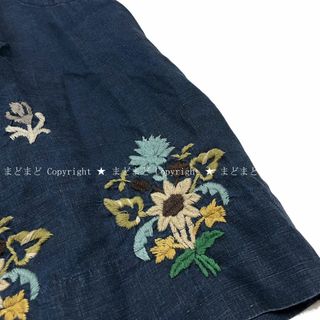 45R - 45R リネン 花柄 刺繍 ノースリーブ インディゴ ブラウス 麻