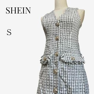 シーイン(SHEIN)の【大人気デザイン◎】SHEIN ツイードミニワンピースドレス S ホワイト(ミニワンピース)