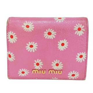 ミュウミュウ(miumiu)のMIUMIU ミュウミュウ マドラス シティ コンパクト ウォレット デイジー プリント フラワー ゴートスキン ロゴ ピンク 二つ折り財布 5MV204(財布)