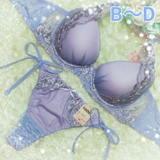 B～D❤ブルー✨バック透け紐パン/パステルカラー ブラ＆Tバックセット(ブラ&ショーツセット)