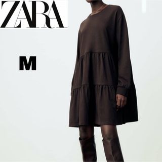 ザラ(ZARA)のザラ　スウェットワンピース　ギャザーフレア リブ袖 長袖ワンピース　M(ひざ丈ワンピース)