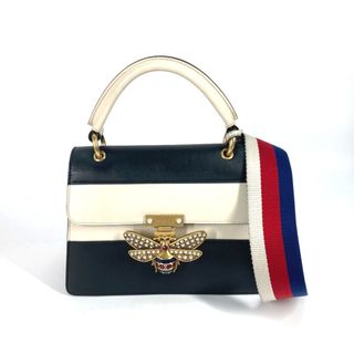 グッチ(Gucci)のグッチ GUCCI クイーンマーガレット BEE 蜂 476541 ビジュー フェイクパール 2WAY ショルダーバッグ 斜め掛け 肩掛け ハンドバッグ レザー ブラック×ホワイト(ハンドバッグ)