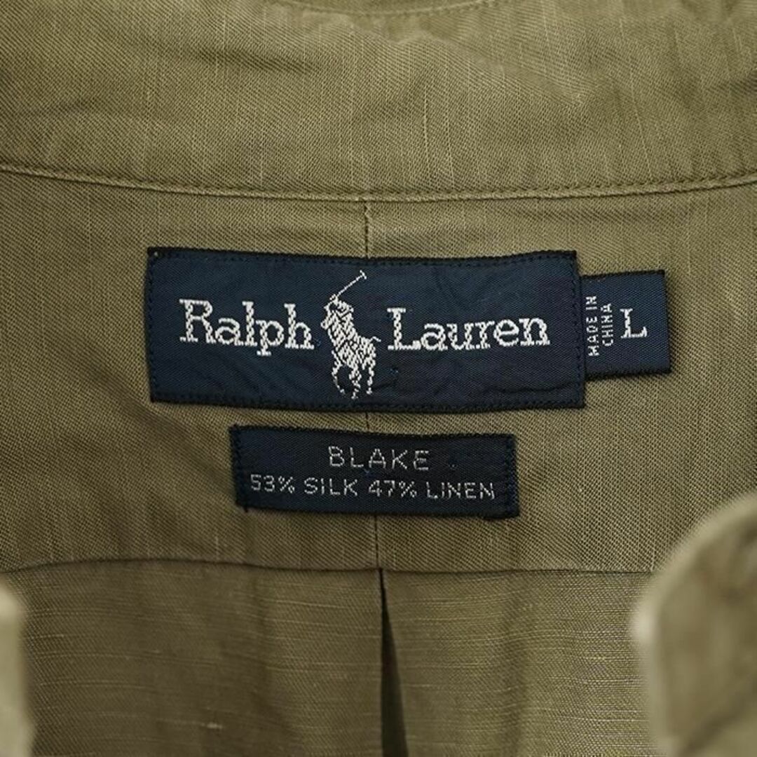 Ralph Lauren(ラルフローレン)のラルフローレン BDリネンシャツ シルク L カーキ オリーブ 緑 刺繍 ポニー メンズのトップス(シャツ)の商品写真