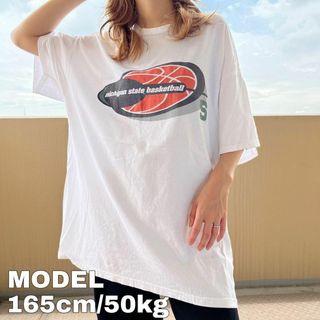 ミシガン大学 カレッジプリントTシャツ バスケットボール XL 白 黒 オレンジ(Tシャツ/カットソー(半袖/袖なし))