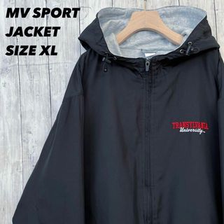 アメリカ古着　MV SPORT カレッジ刺繍ロゴフード付ブルゾン　サイズXL 黒(ブルゾン)