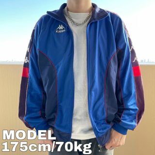 カッパ(Kappa)のKappa カッパ トラックジャケット 90s 袖ロゴ サイドライン L 青 黒(ジャージ)