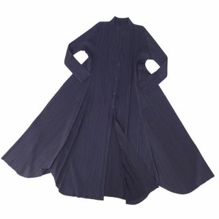 プリーツプリーズイッセイミヤケ(PLEATS PLEASE ISSEY MIYAKE)の美品 プリーツプリーズ イッセイミヤケ PLEATS PLEASE ロング カーディガン コーディガン ボタン ロングジャケット プリーツ トップス レディース 日本製 3(L相当) ネイビー(カーディガン)