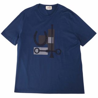 エルメス(Hermes)の美品 エルメス HERMES Tシャツ クルーネック ショートスリーブ 半袖 カットソー プリント コットン トップス メンズ イタリア製 L ブルー(Tシャツ/カットソー(半袖/袖なし))