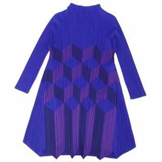 プリーツプリーズイッセイミヤケ(PLEATS PLEASE ISSEY MIYAKE)の美品 プリーツプリーズ イッセイミヤケ PLEATS PLEASE ワンピース ロングスリーブ 長袖 総柄 トップス レディース 3(L相当) ブルー(ひざ丈ワンピース)