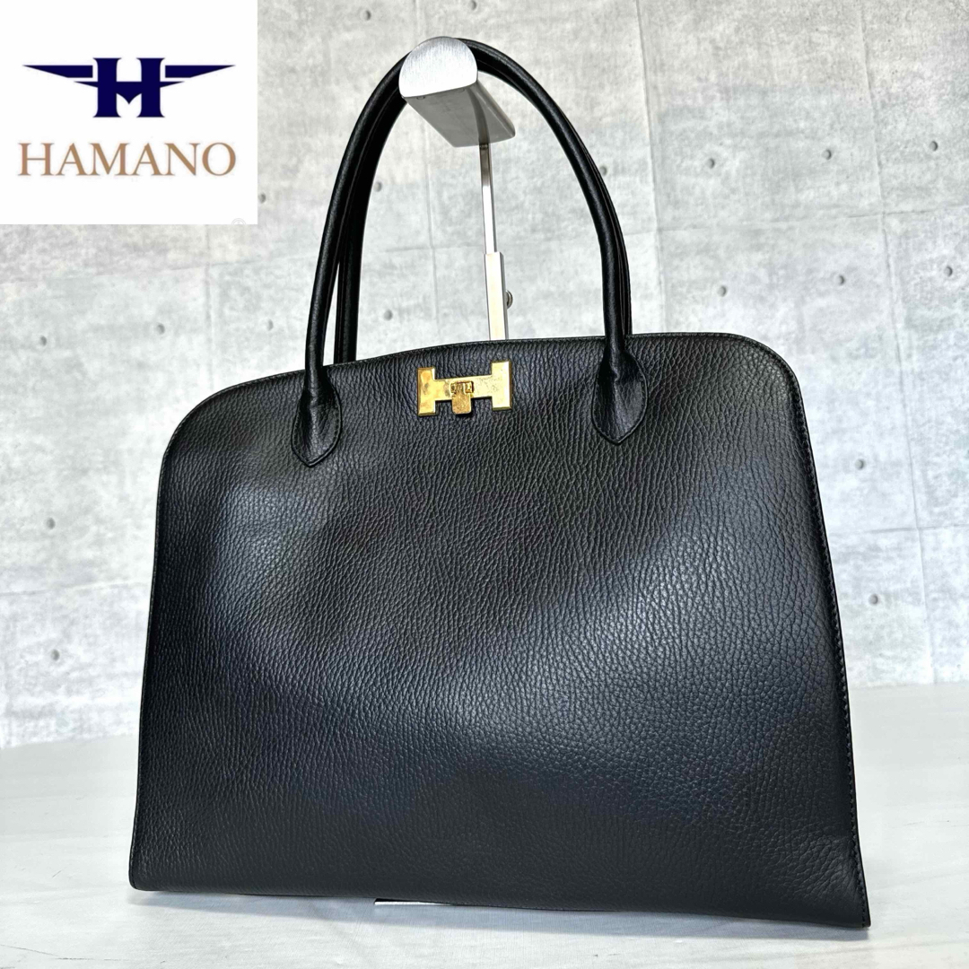 濱野皮革工藝/HAMANO(ハマノヒカクコウゲイ)の【HAMANO】濱野皮革工藝 シボ革 レザー ブラック ゴールド金具ハンドバッグ レディースのバッグ(ハンドバッグ)の商品写真