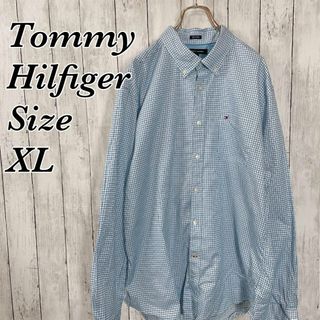 トミーヒルフィガー(TOMMY HILFIGER)のトミーヒルフィガー　ブルー青　チェック模様　オーバーサイズＸＬ　長袖シャツ　古着(シャツ)