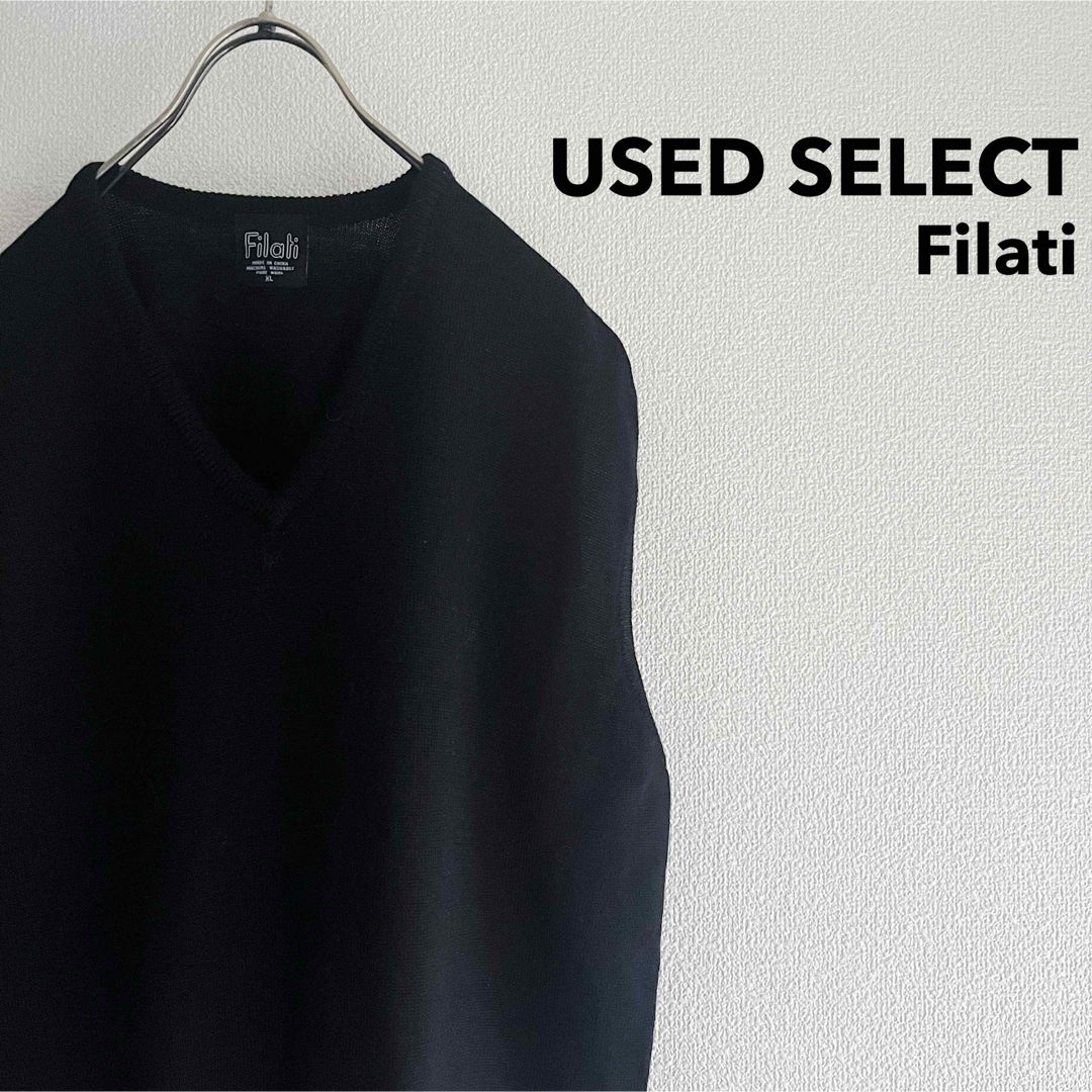 古着 “Filati” Pure Wool Knit Vest / 黒 無地 メンズのトップス(ベスト)の商品写真