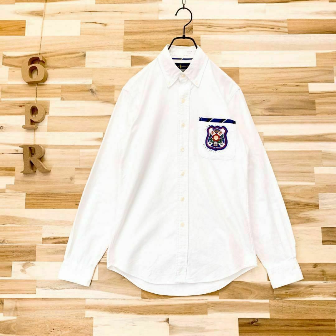 POLO RALPH LAUREN(ポロラルフローレン)のオシャレ【ポロラルフローレン】花柄ワッペン長袖シャツ エンブレム XS 白×青 メンズのトップス(シャツ)の商品写真