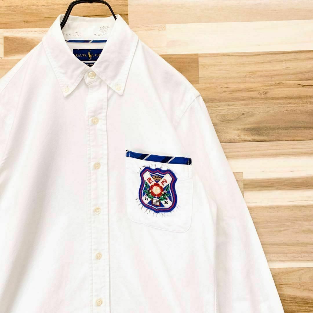 POLO RALPH LAUREN(ポロラルフローレン)のオシャレ【ポロラルフローレン】花柄ワッペン長袖シャツ エンブレム XS 白×青 メンズのトップス(シャツ)の商品写真