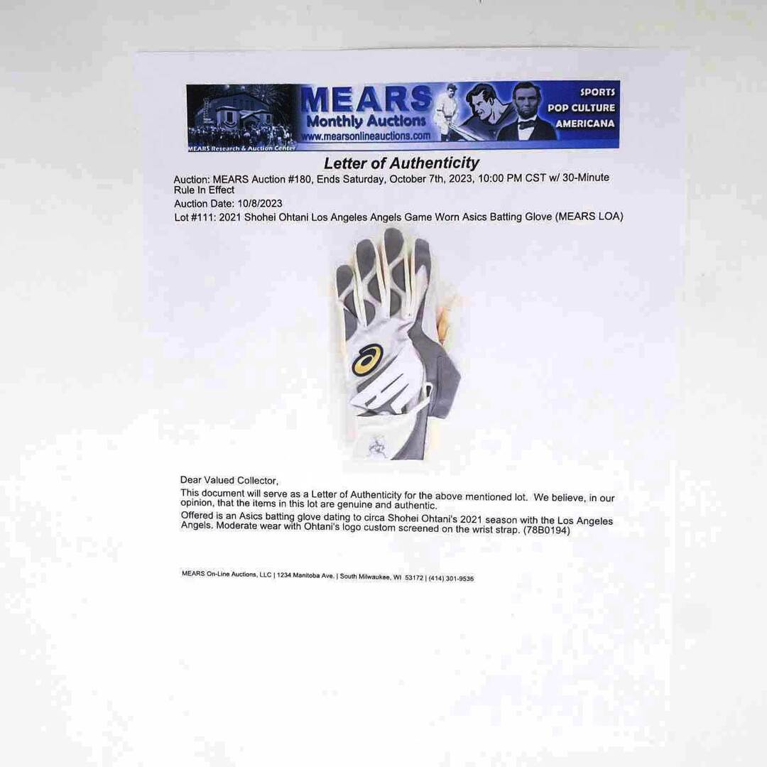 大谷翔平 バッティンググローブ 左手 実使用 2021年 証明書付 アシックス製 エンゼルス スポーツ/アウトドアの野球(記念品/関連グッズ)の商品写真