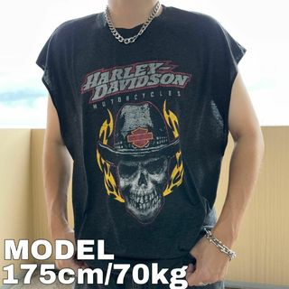 ハーレーダビッドソン(Harley Davidson)のハーレーダビッドソン ノースリーブ プリントTシャツ ドクロ カットオフ 2XL(Tシャツ/カットソー(半袖/袖なし))