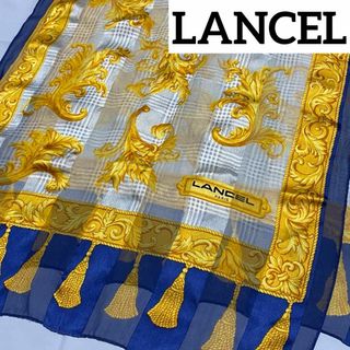 LANCEL - ★LANCEL★ ロングスカーフ シフォン タッセル チェック シルク ネイビー