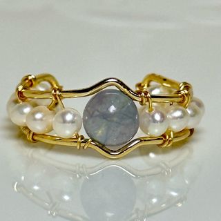 本真珠×アクアマリン　8mm 天然パールリング(リング(指輪))