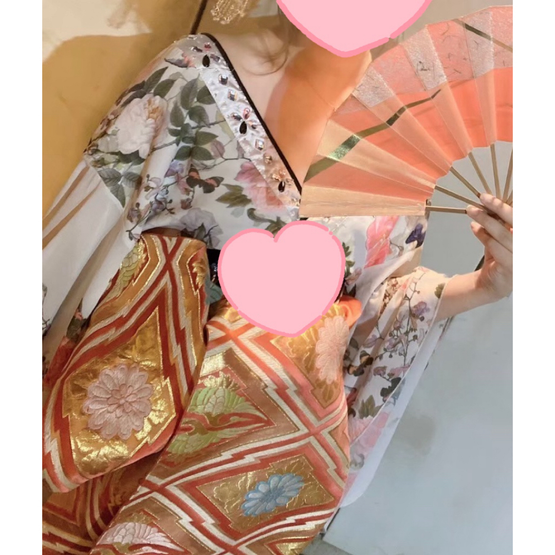 帯 オレンジ ピンク ゴールド 花柄 和服 着物 レディースの水着/浴衣(帯)の商品写真